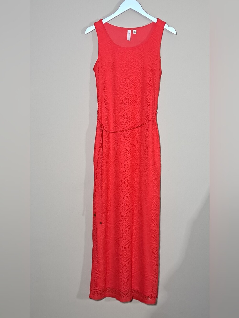 Coral-Red Lace Maxi Dress with Waist Tie-Tacera Size S
